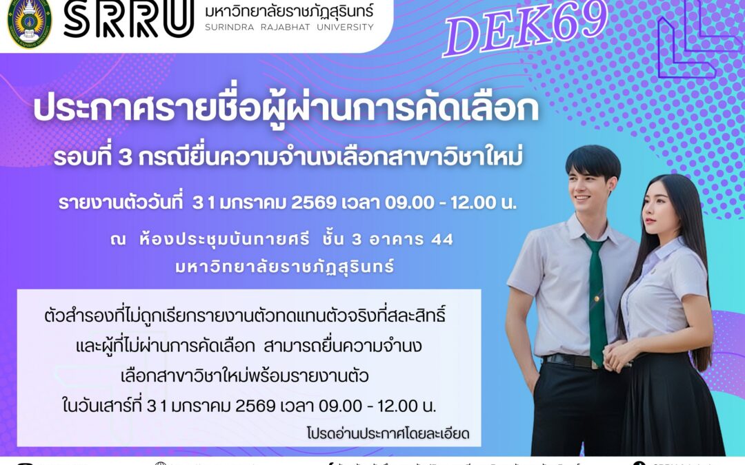 ประกาศรายชื่อผู้ผ่านการคัดเลือก รอบที่ 3 กรณียื่นความจำนงเลือกสาขาวิชาใหม่ ประจำปีการศึกษา 2569